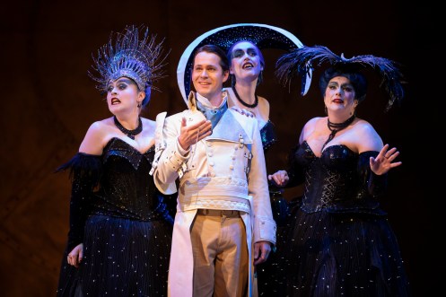 Bethan Langford, Jeni Bern, Sioned Gwen Davies (Three Ladies) and Peter Gijsbertsen (Tamino) in The Magic Flute. Scottish Opera 2019. Credit James Glossop (2)