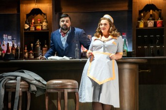 RIGOLETTO by Verdi ; Pemiere ; L - R ; Matteo Lippi as Duke of Mantua ; Madeleine Shaw as Maddalena ; Directed by Christiane Lutz ; Set Designed by Christian Tabakoff ; Costume designed by Natascha Maraval ; at Glyndebourne ; East Sussex, UK ; 8 October 20