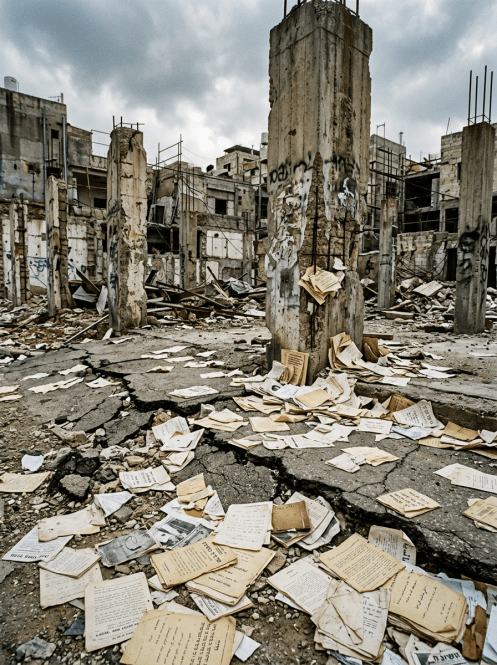 Ruined concrete pillars and scattered old papers on cracked ground in abandoned construction site